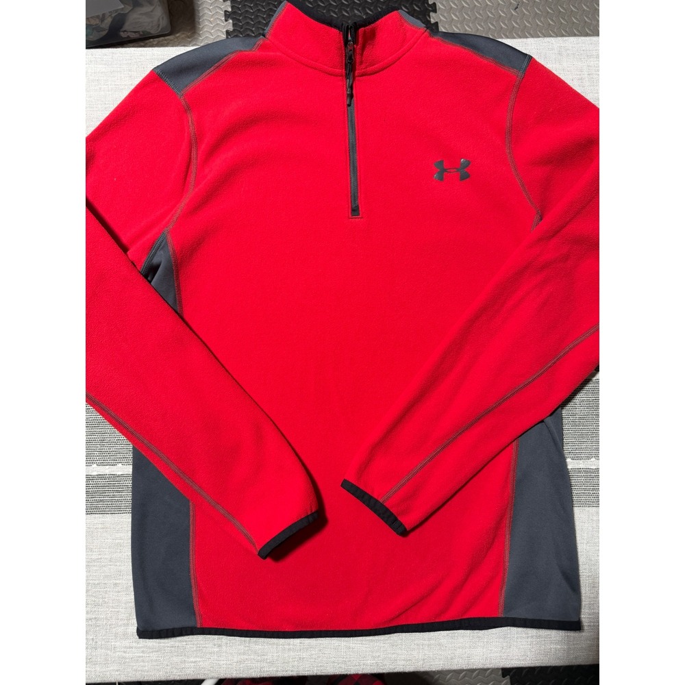 Under Armour Mens ColdGear Fleece Quarter Zip Pullover Red Grey Medium Loose Fit